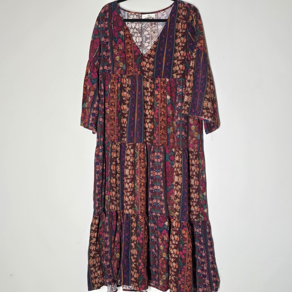 Natural Life L Floral Stripe Tiered Maxi Dress Boho Cottagecore Long Sleeve